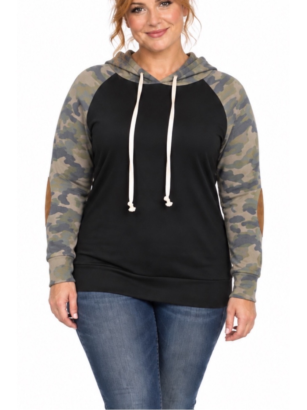 Chic Soul long-sleeved, black tunic-style hoodie featuring camouflage-pattern
